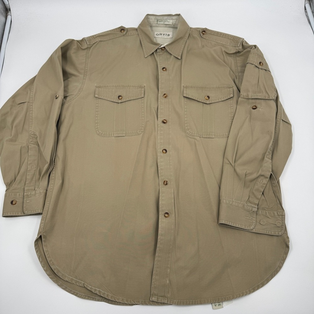 Orvis Safari Bush Shirt Mens Medium Khaki Vintage Cotton Epaulet Field Top
